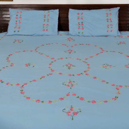 Light Blue Embroidered Cotton Double Pink Flowers Bedsheet With Two Pillow Covers