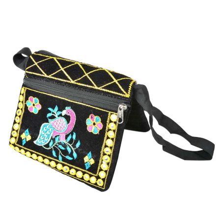 Black Peacock Embroidered Flap Red Canvas Sling Bag