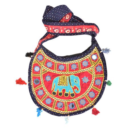 Navy Blue Red Semi Circle Elephant Embroidered Sling  Bag
