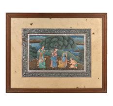 Vintage Indian Miniature Painting of Krishna and Radha with Gopis In Frame