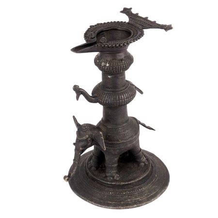 Bronze Oil Lamp With Elephant And Peacock