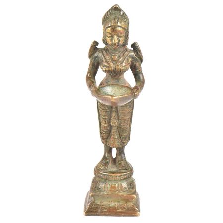Brass Lady Oil Lamp Holding A Diya In Her Hand