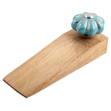 Light Blue Golden Leaf Big Melon Ceramic Wooden Door Stopper