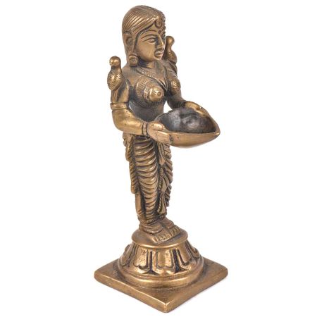 Lady Holding Diya In Her Hands And 2 Birds On Each Shoulder Bronze Figurine