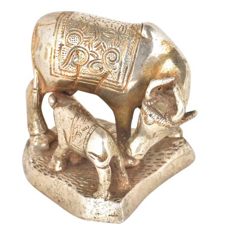 Brass Silver Plated Cow Feeding Her Calf