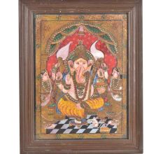 Lord Ganesha His Two Wives Tanjore Painting With Frame 