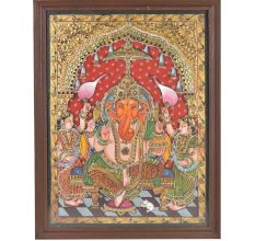 Ganesha With his two wives Siddhi and Riddhi Tanjore Framed Painting 