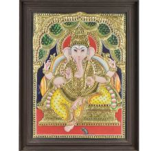 Framed Lord Ganesha in Yellow Dhoti  Tanjore painting