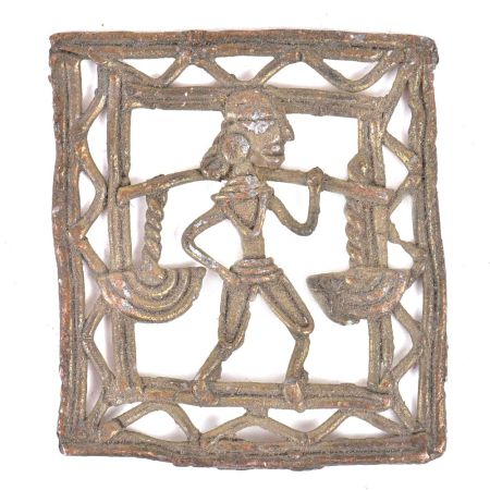 Brass Dhokra Wall Art Rural Man Carrying 2 Tribal Pots