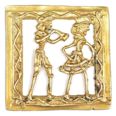 Brass Dokra Tribal Musician With Dancer Wall Art
