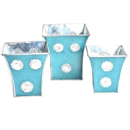 Blue Silver Engraved Metal Flower Pots and Planters In Set Of 3