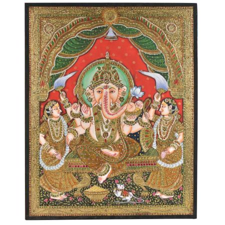 Decorative Ganesha With Riddi Siddhi Tanjore Painting
