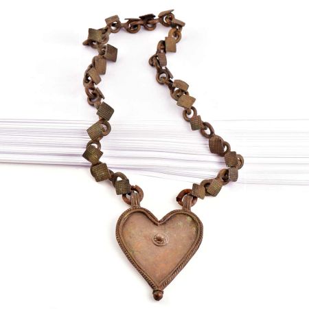 Tribal Brass Heart Pendant Long Necklace