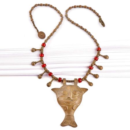Brass Mask Pendant on Brass Red Bead Necklace
