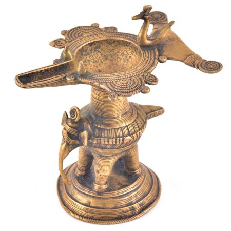 Brass Oil Lamp With peacock and Elephant Figurine