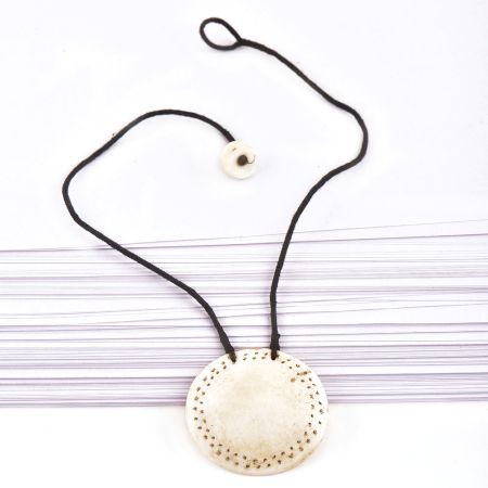 Engraved Circular White Shell Pendant With Black Cord