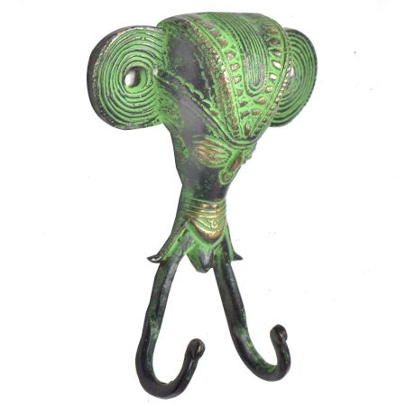 Brass Green PatinaTribal  Face Two Wall Hooks