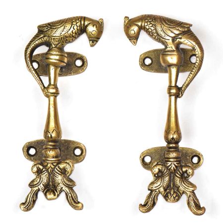Two Brass Peacocks With Brass Parrot On Top Door Handle (In Pair)