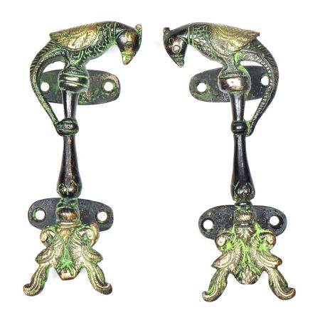 Patina Rich Two Brass Peacocks With Brass Parrot On Top Door Handle (In Pair)