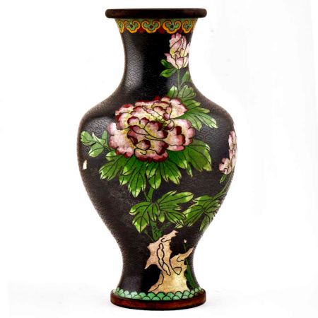 Vintage Black Cloisonne Floral Brass Vase