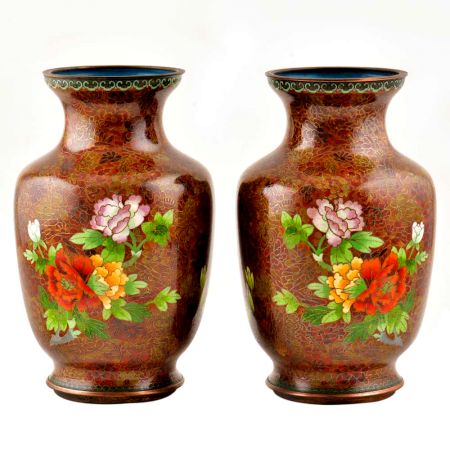 Cloisonne Vases  Rust Floral Ground Polychrome Flower Baskets(Set of 2)
