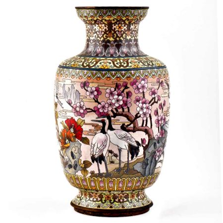 White Cloisonne Enameled  Vase White with Birds and Flowers