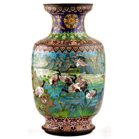 Blue Cloisonne Vase w/CRANES & Flower Blossoms