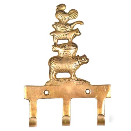 Brass Wall Key Holder Cow Pig Dog Duck Rooster Farm Animals 3 hooks