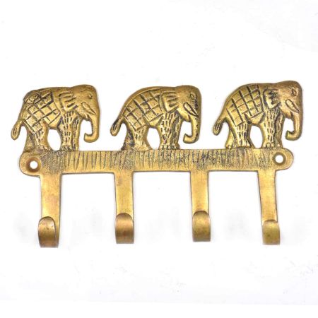 Brass Key Holder for 4 keys Wall Decor 3 Elephants Design