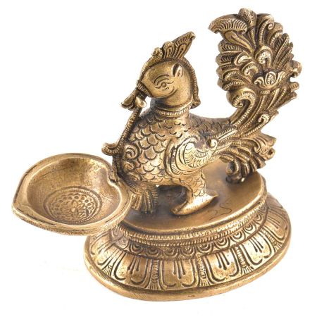 Elegant Brass Diya With Peacock Figurine