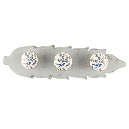 Blue Bird Golden Berry Ceramic Floral Hook in Grey Wood