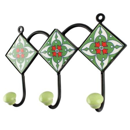 Ceramic Floral Tile Hook in Lime Green