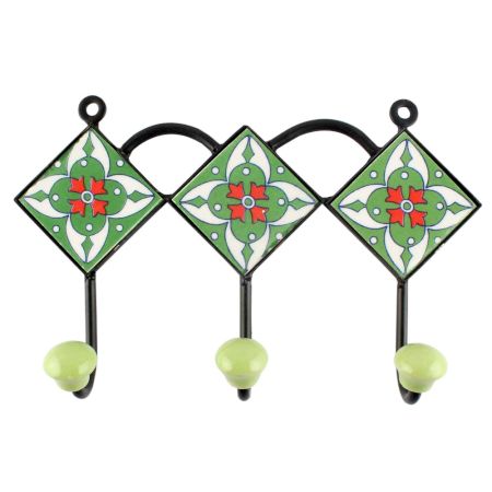 Ceramic Floral Tile Hook in Lime Green