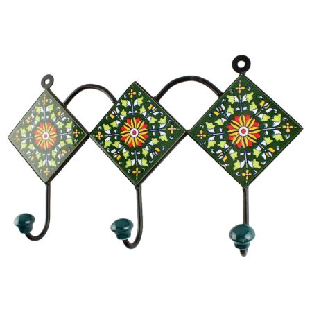 Wheel Flower Ceramic Tile Wall Hook in Forest Green