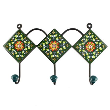 Wheel Flower Ceramic Tile Wall Hook in Forest Green