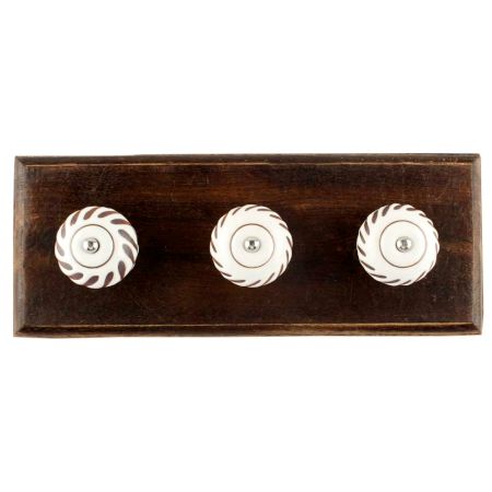 White Etched Ceramic Floral Wooden Hooks
