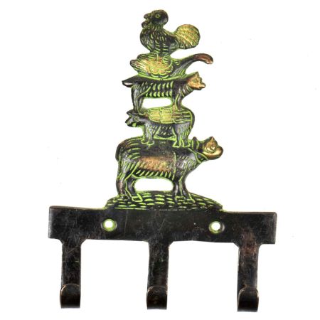 Brass Wall Key Holder Cow Pig Dog Duck Rooster Farm Animals 3 hooks With Patina