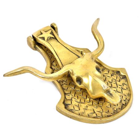 Golden Bull Head Knocker With Horns On An Engaved Base Plate