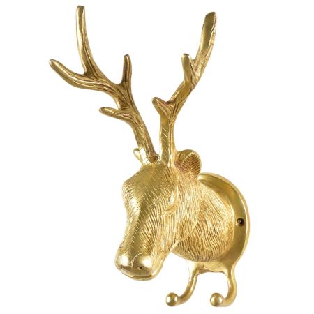 Brass Deer Or Elk Head with Antlers Wall Mount Two Hooks