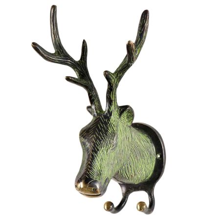 Green Patina Brass Deer or Elk Head with Antlers Two Hooks