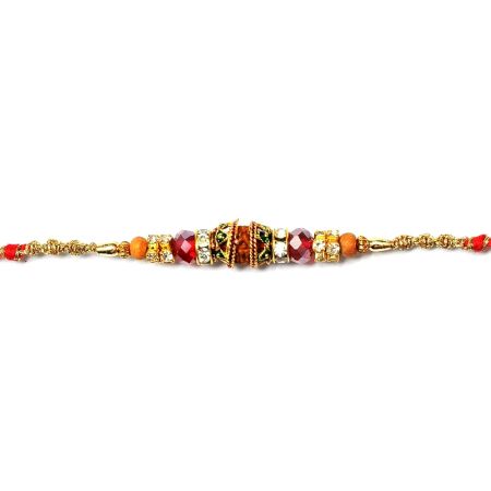 Beautiful Meenakari Beads Rakhi with Rudraksha and Red Crystal