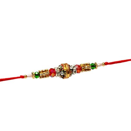 Red-White Crystal with Meenakari Bead Rakhi