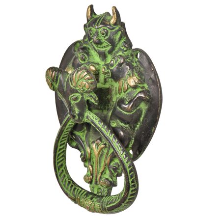 Handmade Brass Demon Two Lions Ram Head Door Knocker With Green Patina