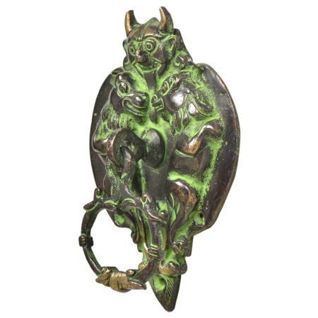 Black  Brass Green Patina Demon Head With Two Lion Figurines Door Knocker
