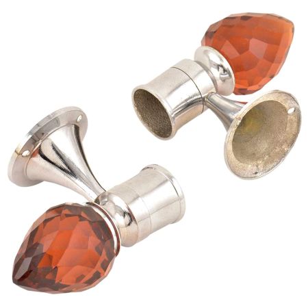 Set Of 2 Red Teardrop Crystal Curtain Pole Finials With Silver Brass Bracket
