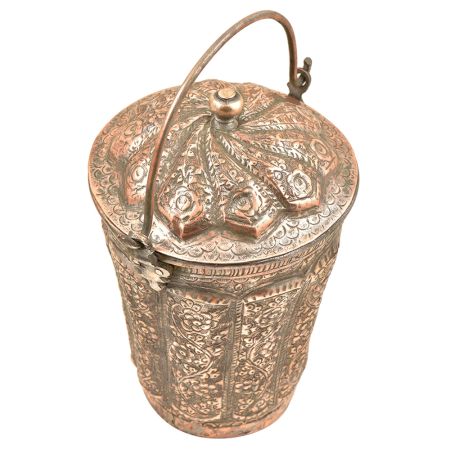 Copper Repousse Floral Bucket With Lid Finial