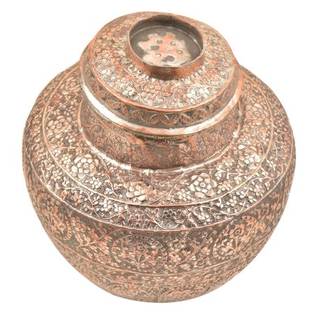 Vintage Copper Repousse Jar Lidded Pot Vase For Storage