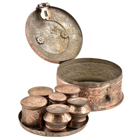 Rare Islamic Style Embossed Copper Betel Nut Pandan Box With Lock Handle