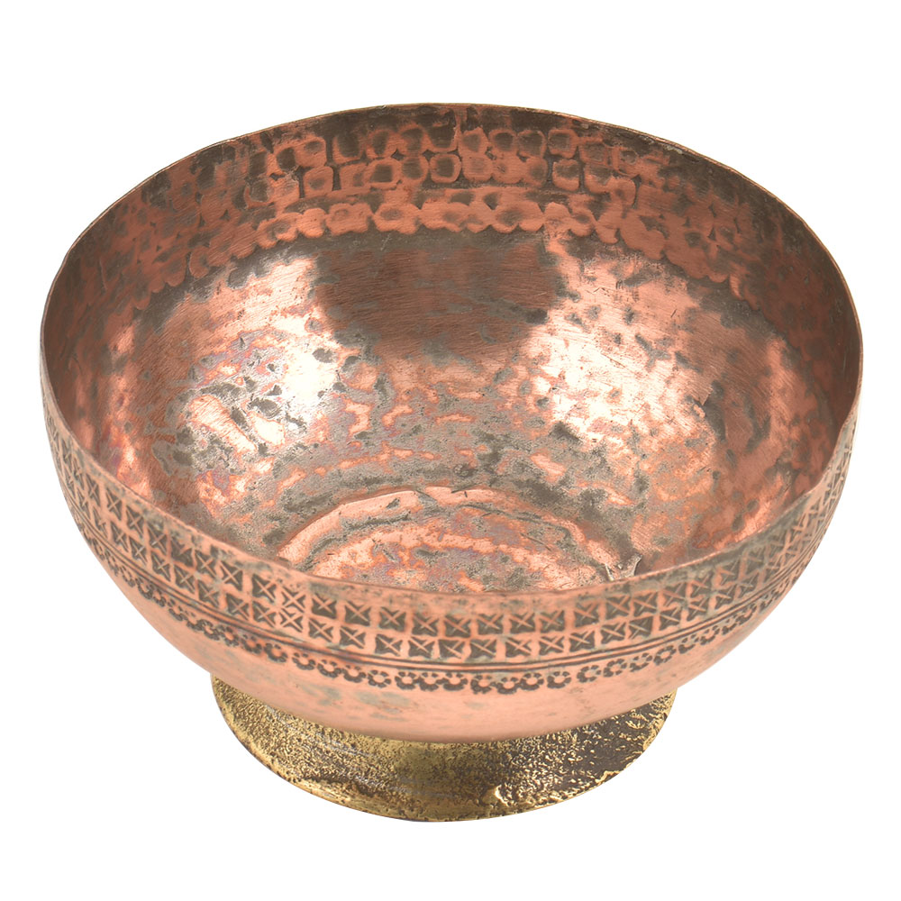 Indian Shelf Vocalforlocal Handmade 1 Piece Hand Hammered Starry Sun Border Designed Bowl 7.62 cm, Antique 