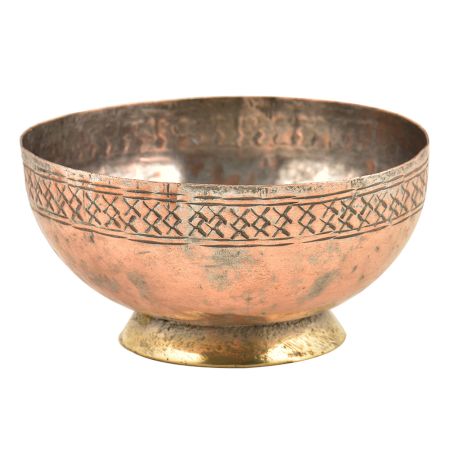 Vintage Hand Engraved Cross Pattern On Rim Copper Bowl